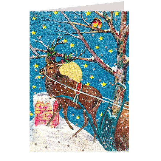 Glittered Reindeer on Snowy Roof Christmas Card ~ England